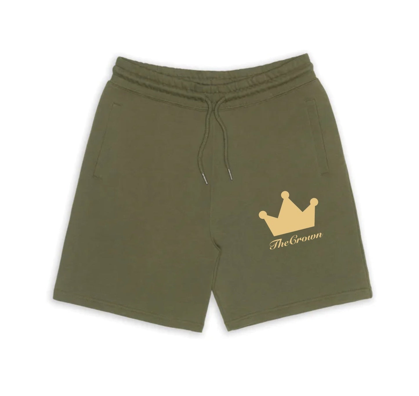 Military green organic cotton sweat short with the crown on left leg