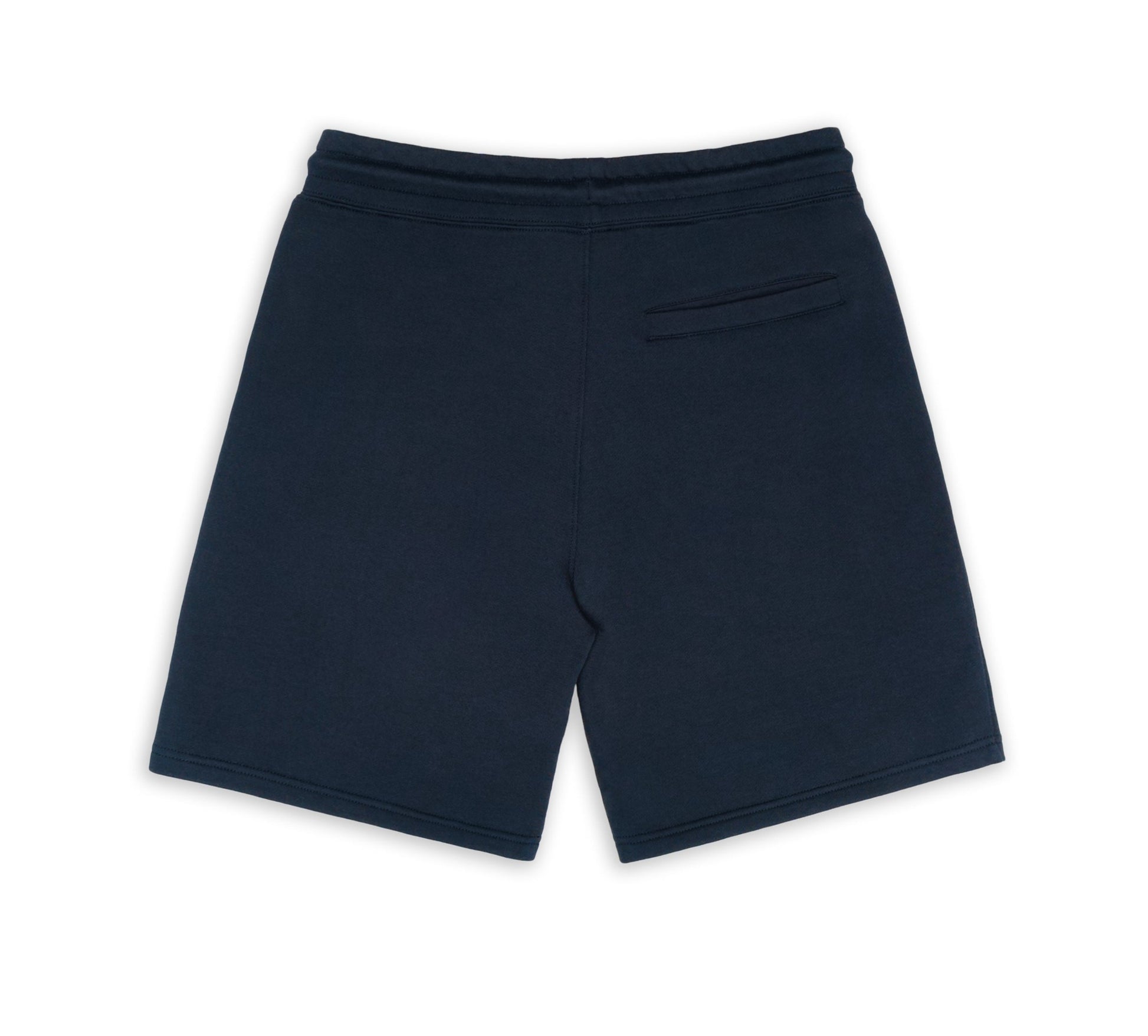 Back of navy blue sweat shorts