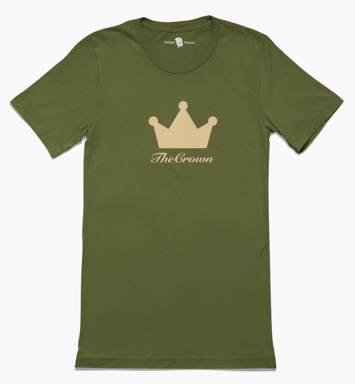 Back of olive-green tee with the crown design across chest