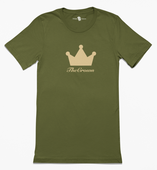 Back of olive-green tee with the crown design across chest