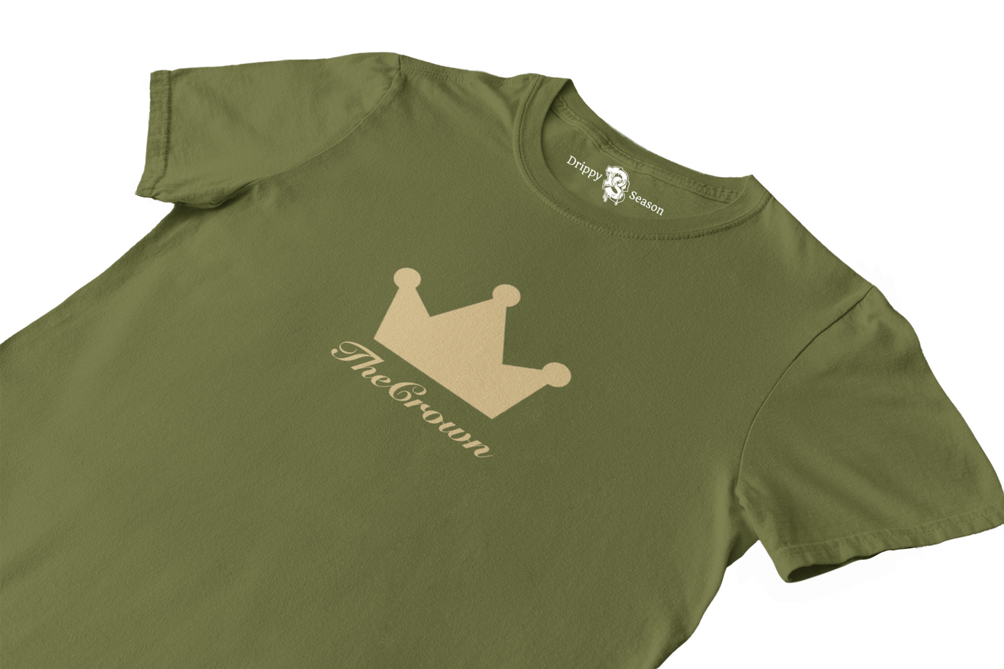 Close-up of olive=green t-shirt with the crown design across chest