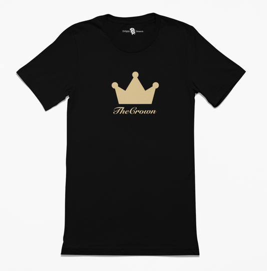 Black t-shirt with gold crown design on chest