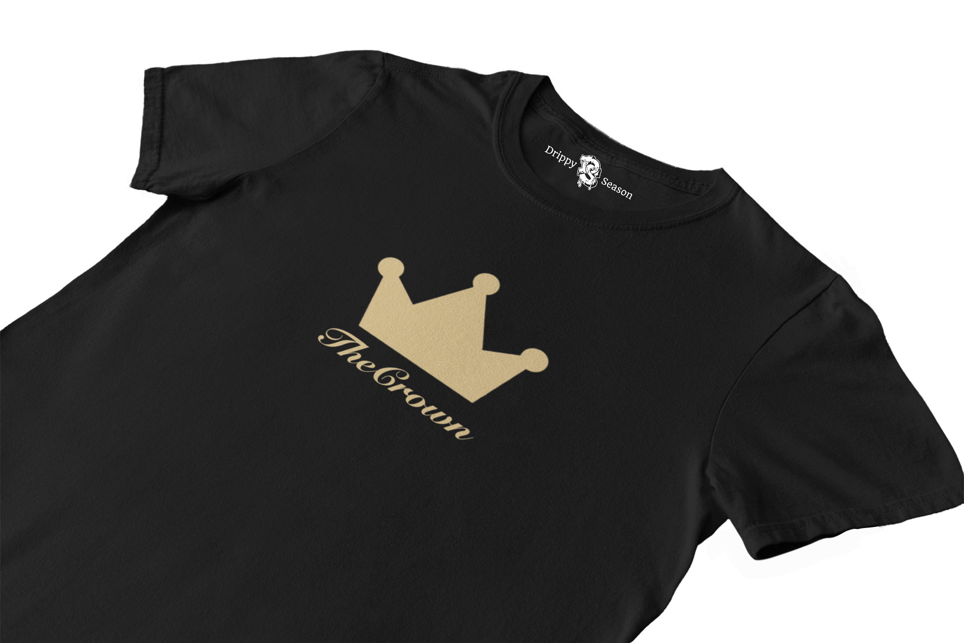 Close up of black t-shirt with gold crown design on chest