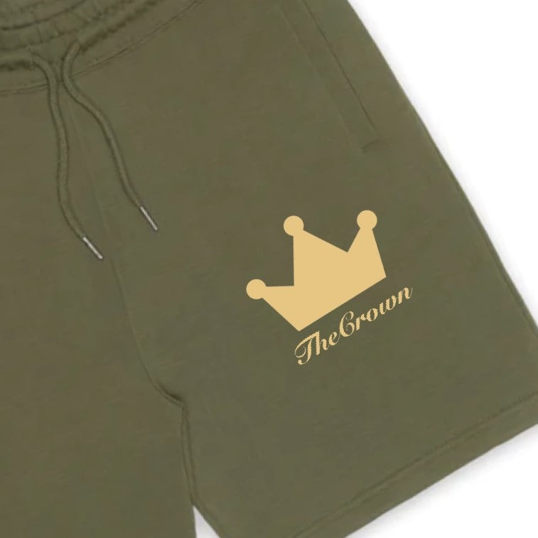 Close up of military green organic cotton sweat short