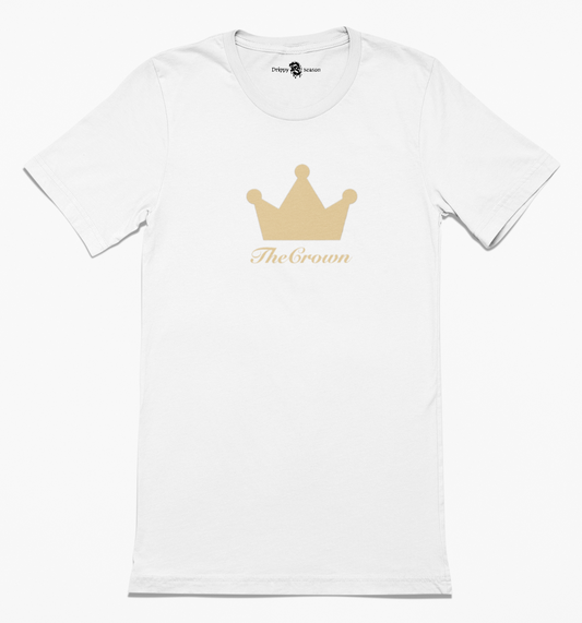 White t-shirt with gold crown design across front chest.