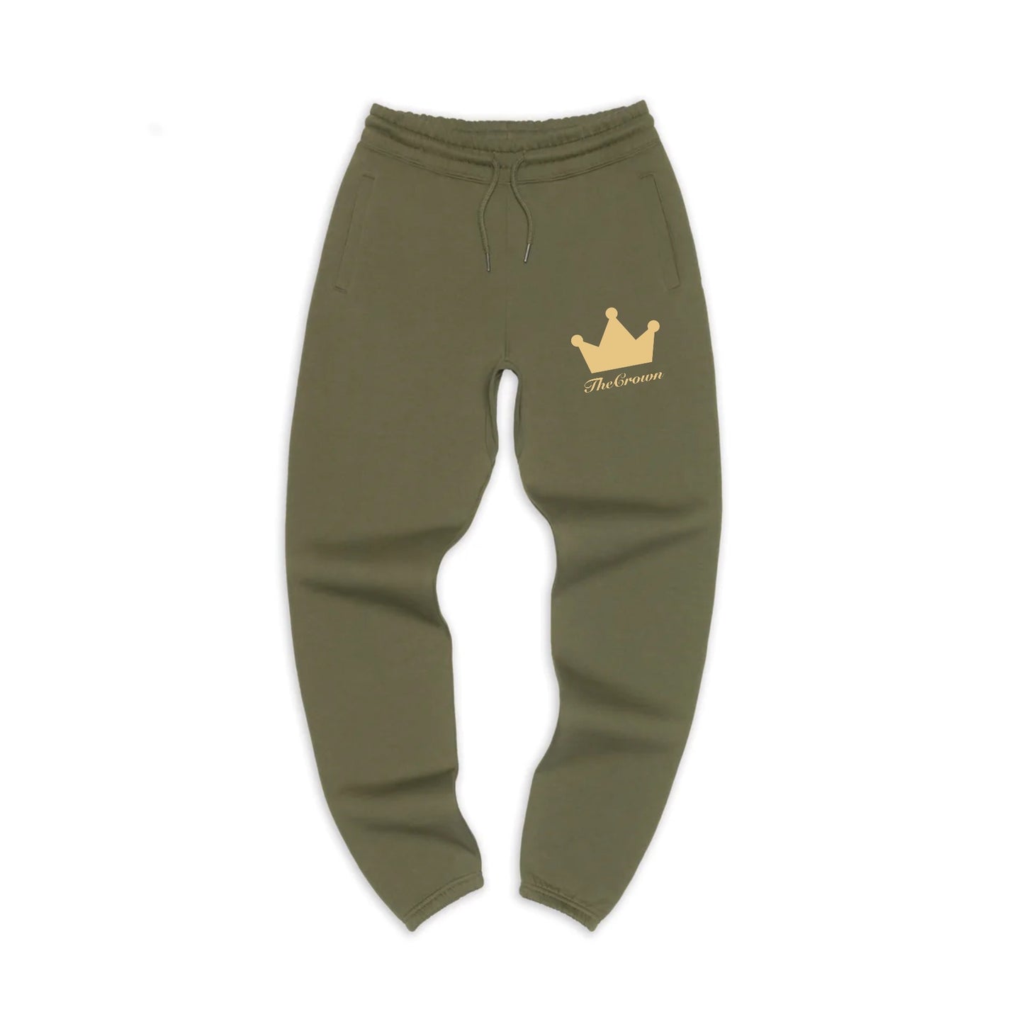 Olive green joggers with gold crown design on upper thigh of left leg.