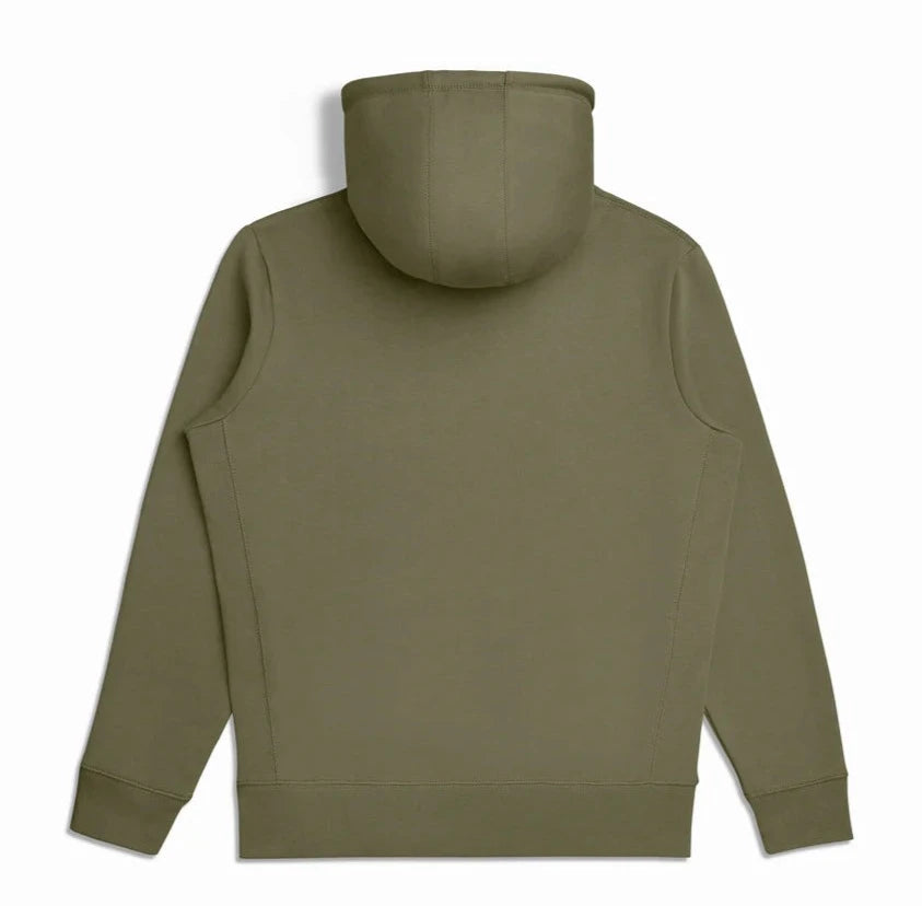 Back of military olive-green hoodie