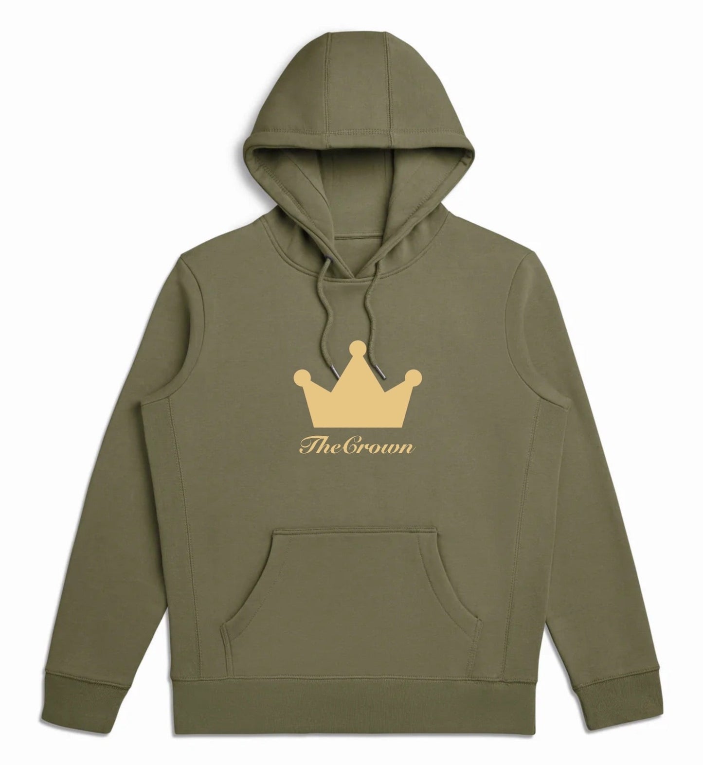 Olive green hoodie with the crown design on chest.