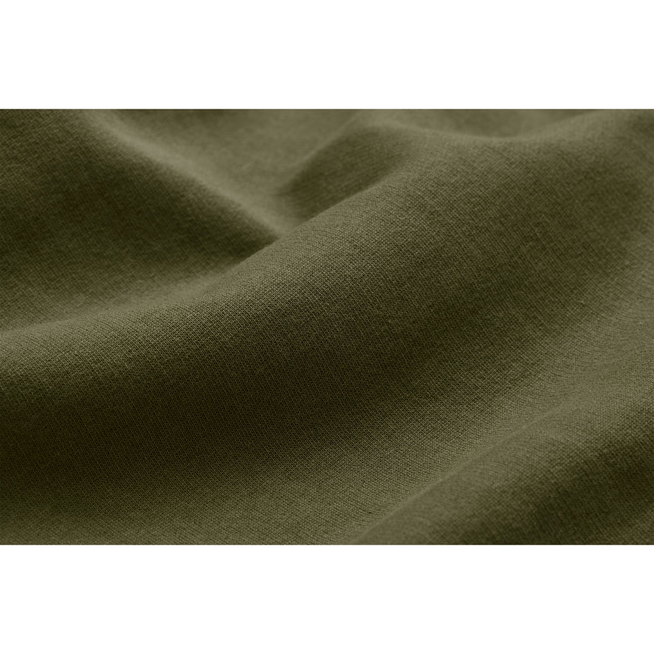 Detail close-up of olive-green hoodie