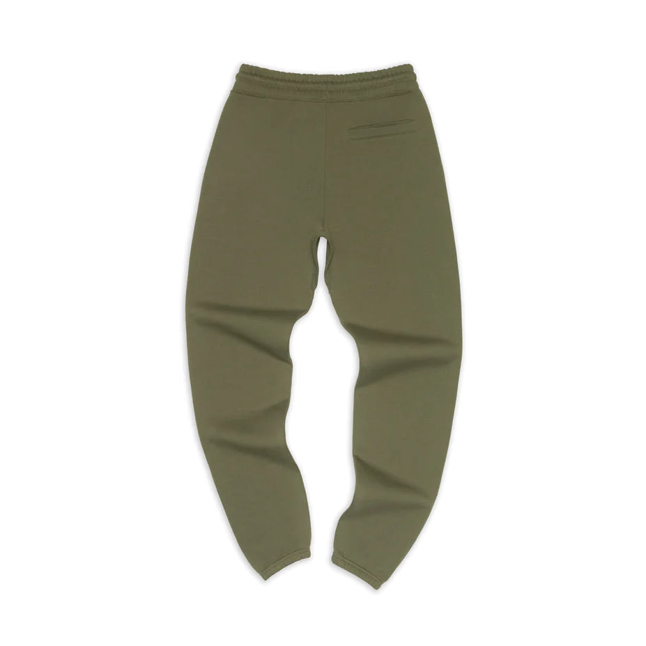 Back of olive-green sweat pant joggers.